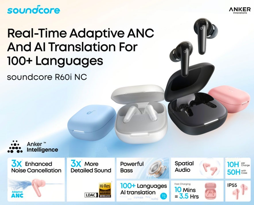 هدفون بلوتوثی انکر مدل R60i NC با حذف نویز فعال و کیفیت صدای Hi‑Res