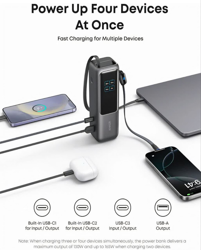 پاوربانک انکر 25000 میلی آمپر 165 وات Anker Zolo PowerBank 25K 165W Built-In USB-C مدل A1695